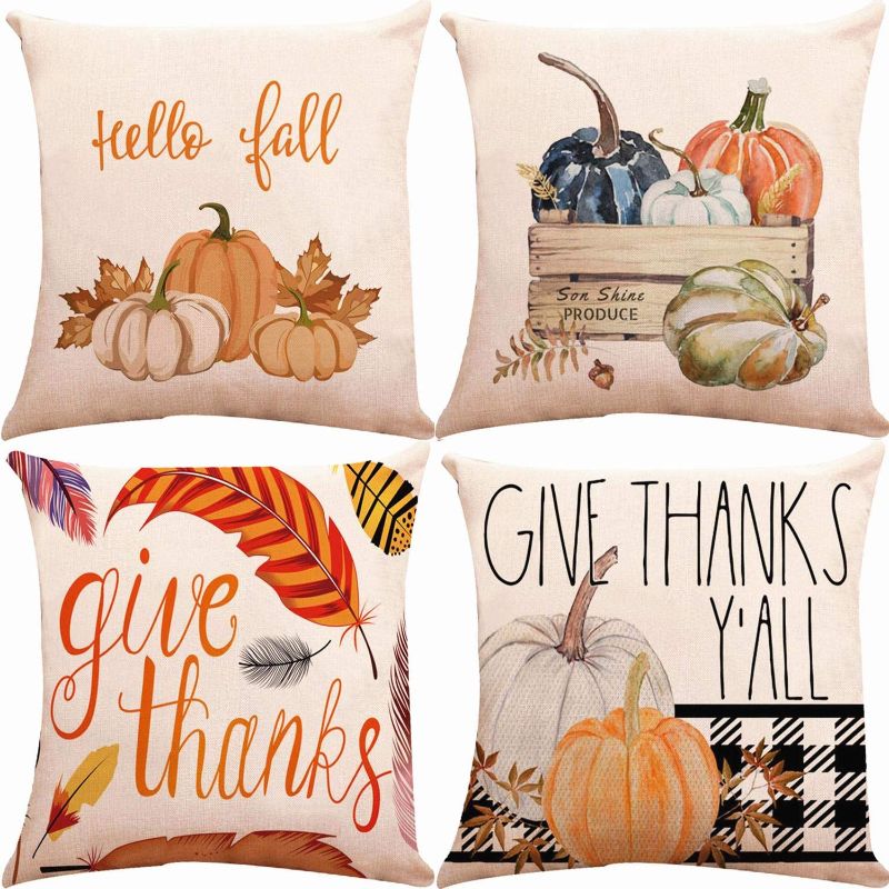 Photo 1 of ZUEXT Fall Pillow Covers 18x18 inch Give Thanks Pumpkin Throw Pillow for Fall Decor Farmhouse Fall Decorations, Set of 4 Cotton Linen Autumn Thanksgiving Decorative Pillow Covers
