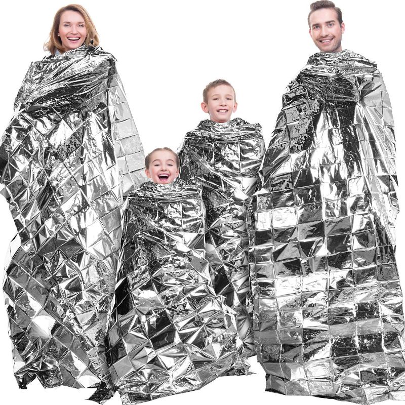 Photo 1 of 4 Pcs Emergency Blankets, High Silver Reflective Mylar Film Foil Sheet, Heat Foil Protection Rescue Blankets Camping Blanket Hiking Space Blankets and Garden Greenhouse Covering Plant Growth Sheet
