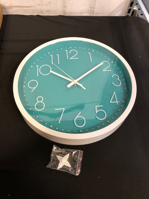 Photo 2 of 12 Inch Silent Non-Ticking Battery Operated Round Turquoise Wall Clock Easy to Read Home/Office/School/Kitchen/Bedroom/Living Room Teal Clocks