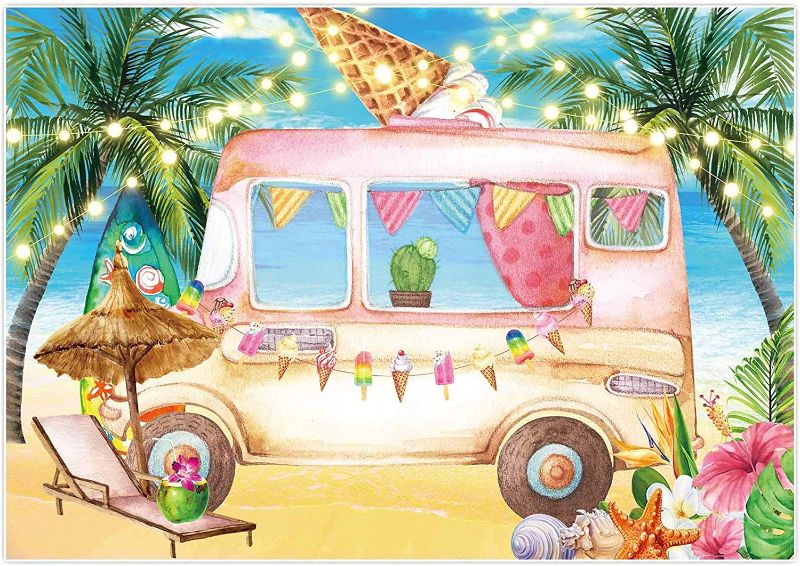 Photo 1 of Allenjoy 7x5ft Ice Cream Truck Shop Backdrop Summer Ocean Seaside Palm Leaf Pink Car Photo Background Aloha Theme Birthday Party Honey Girls Baby Shower Banner Decoration Photo Booth Props
