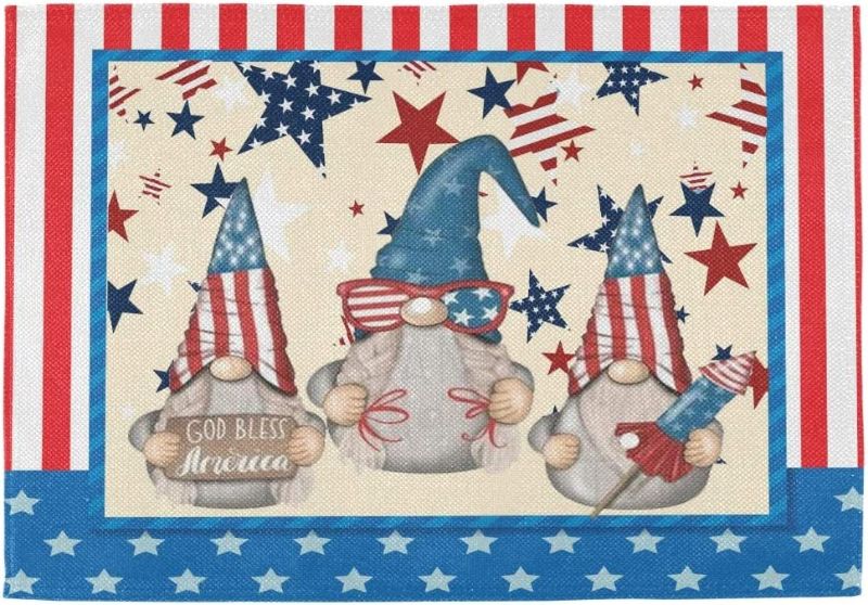 Photo 1 of American Flag Gnome Burlap Placemats Set of 4 Memorial Independence Day 4th of July God Bless America Table mats Placemat Kitchen Mat Dining Room Decoration 12" x 18" Washable Fast Dry
