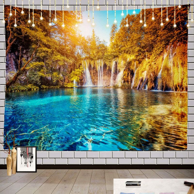 Photo 1 of Batmerry Turquoise Water World Tapestry, Amazing Waterfall in Plitvice Lakes National Park Croatia Picnic Mat Hippie Trippy Tapestry Wall Art Decor for Bedroom Living Room, 59.1 x 82.7 Inches, Blue 2
