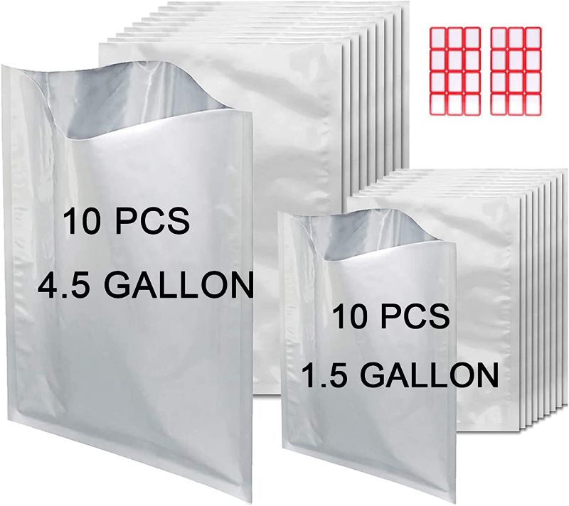 Photo 1 of 20 Pieces Mylar Bags for Food Storage with Labels, 5 Mil Thick Mylar Foil Flat Heat Sealing bags for Long Term Food Storage for Beans, Coffee, Rice, Grains
