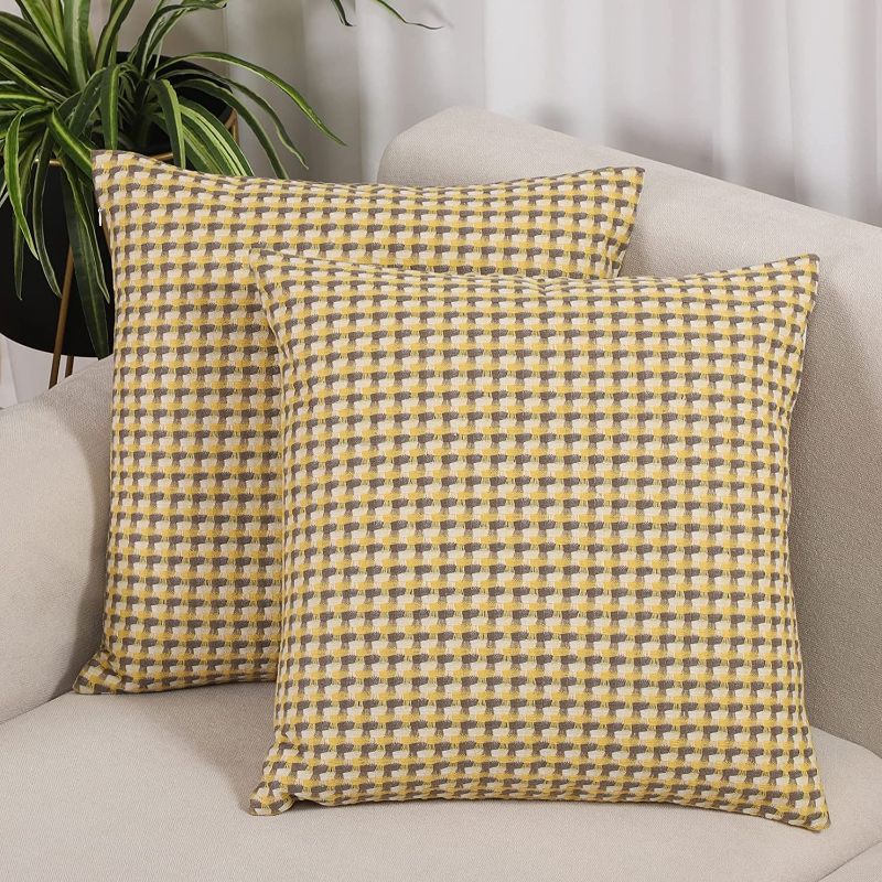 Photo 1 of Basic Model 2 Pcs Decorative Throw Pillow Covers 16x16 Inch Colored-Plaid Jacquard Pillowcases Soft Square Cushion Covers for Couch Sofa, Yellow
