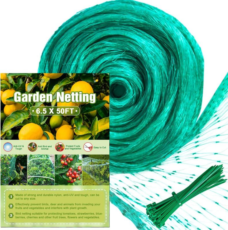 Photo 1 of 2PC GARDEN LOT, Unves Bird Netting, 6.5 x 50 Feet Durable Heavy Duty Garden Netting, Fruit Tree Netting Protect Fruit Trees Blueberries Plants and Vegetables from Birds and Animals, with 50 Pcs Cable Ties, Garden Netting, 6.5 X 15 Ft Row Covers Mosquito N