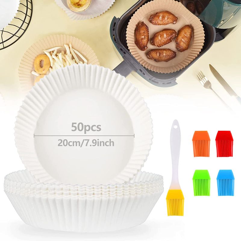 Photo 1 of Air Fryer Disposable Paper Liner, Round Parchment Sheets Liners for Baking, Large XL Non-Stick Oil-Proof Filter with 1 Food Grade Silicone Brush and 4 Replacement Brush Heads(White, 7.9inch-50pcs)
