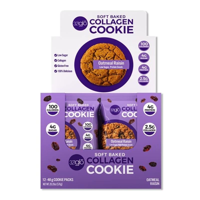 Photo 1 of 321glo Collagen Protein Cookies, Soft-Baked Cookies, Low Carb and Keto Friendly Treats for Women, Men, and Kids (12-Pack, Oatmeal Raisin)
,  EXP11/05/22