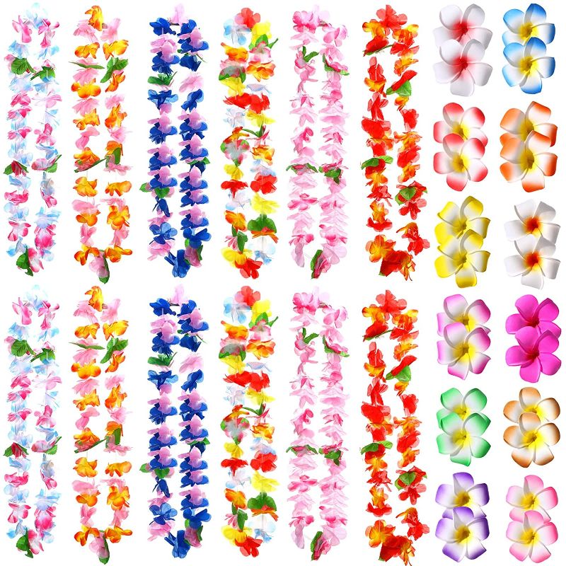 Photo 1 of 12 Pieces Hawaiian Leis Necklace Luau Hawaiian Supplies 24 Pieces Hawaiian Flower Clips Bridal Wedding Hair Clips Hawaiian Flower Hair Pins for Hawaii Luau Party Favors and Supplies
