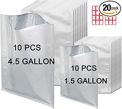 Photo 1 of 20 Mylar Food Storage Bags with Labels, 5 Millimeter Thick Heat Seal Flat Bags for Long Term Food Storage for Beans, Coffee, Rice, Grains