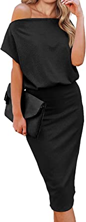 Photo 1 of BTFBM Women's Casual Dresses Off The Shoulder Short Sleeve Solid Color Ribbed Knit Party Slim Fit Bodycon Midi Dress
, SIZE M (ITEM HAS DEODORANT ON IT)