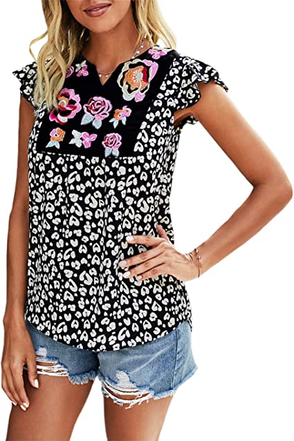 Photo 1 of BIOHANBLE Womens Summer Mexican Embroidered Floral Leopard Print Tank Tops Boho Flare Sleeveless V Neck Shirts Blouses
, SIZE M (RUNS SMALL)