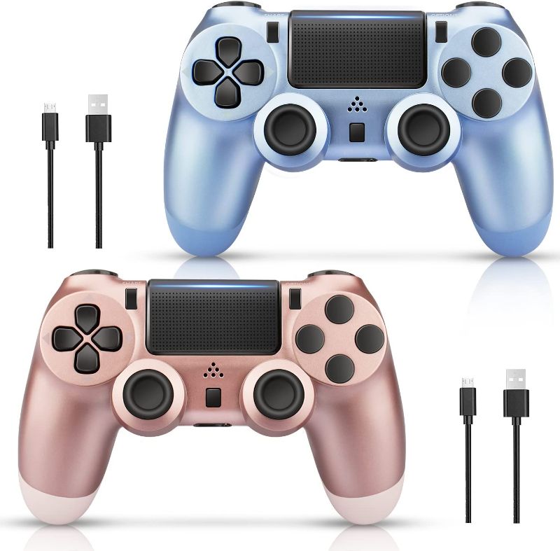 Photo 1 of 2 Pack Wireless Game Controller for PS4 Controller, ATISTAK Remotes Gamepad Compatible with Pa4, Works with Playstation 4 Controller/Mando/Joystick, Titanium Blue and Rose Gold, Cheap and New, 2022
