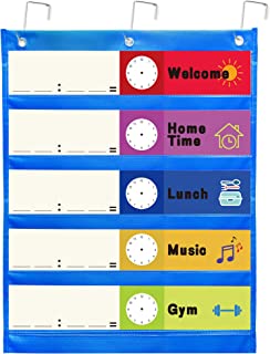 Photo 1 of Youngever Small Classroom Pocket Chart 17 inch X 22 inch, 5 Pocket, Daily Schedule Pocket Chart, with 10 Double-Sided Reusable Dry Erase Cards (10 Colors Design, 5 Stripe Design, 5 Blank)
