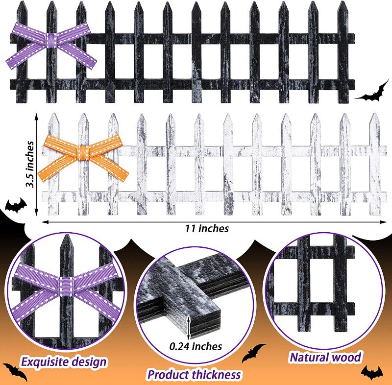 Photo 1 of 2 Pieces Halloween Wooden Tiered Tray Ornaments White Black Halloween Mini Picket Fence Decors Rustic Farmhouse Wood Fence Signs with Bows Spider Webs for Halloween Party Home Decorations
