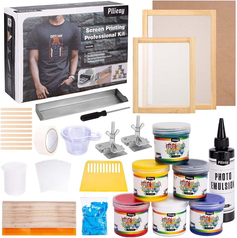 Photo 1 of ***MAY BE DIFFERENT FROM THE STOCK PHOTO***Pllieay 62PCS Complete Screen Printing Kit Include Fabric Screen Printing Ink & Photo Emulsion & Diazo, Screen Frame and Base, Silk Screen Printing Hinge Clamps, Emulsion Scoop Coater
