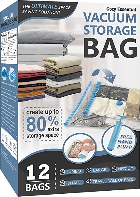 Photo 1 of 12 Pack Vacuum Storage Bags, Space Saver Bags (2 Jumbo/2 Large/2 Medium/2 Small/4 Roll) Compression Storage Bags for Comforters and Blankets, Vacuum Sealer Bags for Clothes Storage, Hand Pump Included