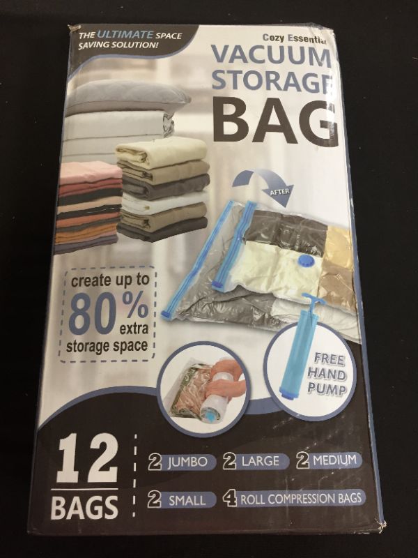 Photo 2 of 12 Pack Vacuum Storage Bags, Space Saver Bags (2 Jumbo/2 Large/2 Medium/2 Small/4 Roll) Compression Storage Bags for Comforters and Blankets, Vacuum Sealer Bags for Clothes Storage, Hand Pump Included