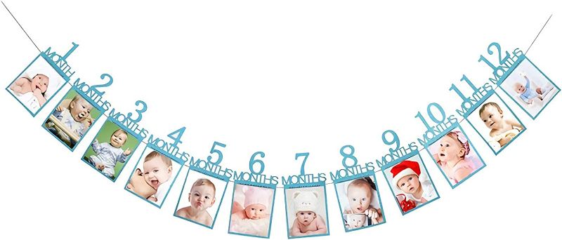 Photo 1 of CRAZY GOTEND Baby Boys Photo Banner 1-12 Months Photo Prop Grown Records Birthday Party Bunting Decoration(Blue)
