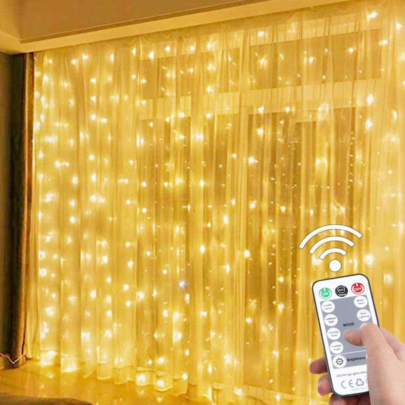 Photo 1 of 300 LED Warm Fairy Curtain Lights for Room,SUWITU 9.8x9.8FT String Lights USB Powered 8 Lighting Modes Bedroom Wall Hanging Twinkle Lights In/Outdoor with Remote Control for Party Backdrop Decorations
