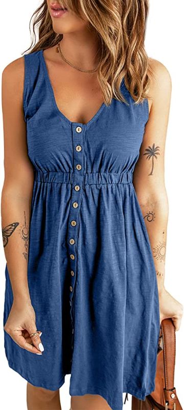 Photo 1 of BLENCOT Casual Summer Dresses for Women V Neck Sleeveless Button Down Swing Short Dress Blue XL