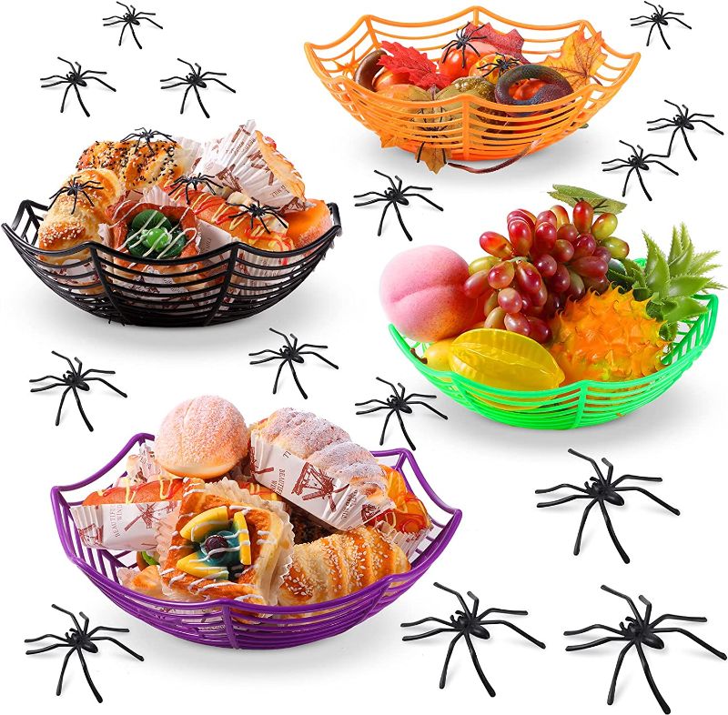 Photo 1 of 4 Pieces Spider Web Plastic Basket Halloween Candy Basket Bowl Green Purple Black Orange Spider Treat Bowls and 60 Pieces Plastic Spiders for Halloween Party Supplies