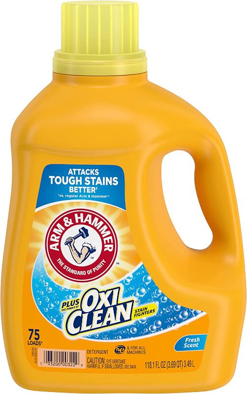 Photo 1 of ARM & HAMMER Plus OxiClean Laundry Detergent, 5 in 1 Laundry Stain Remover, Fresh Scent Liquid Laundry Detergent, 118.1 Fl Oz Bottle