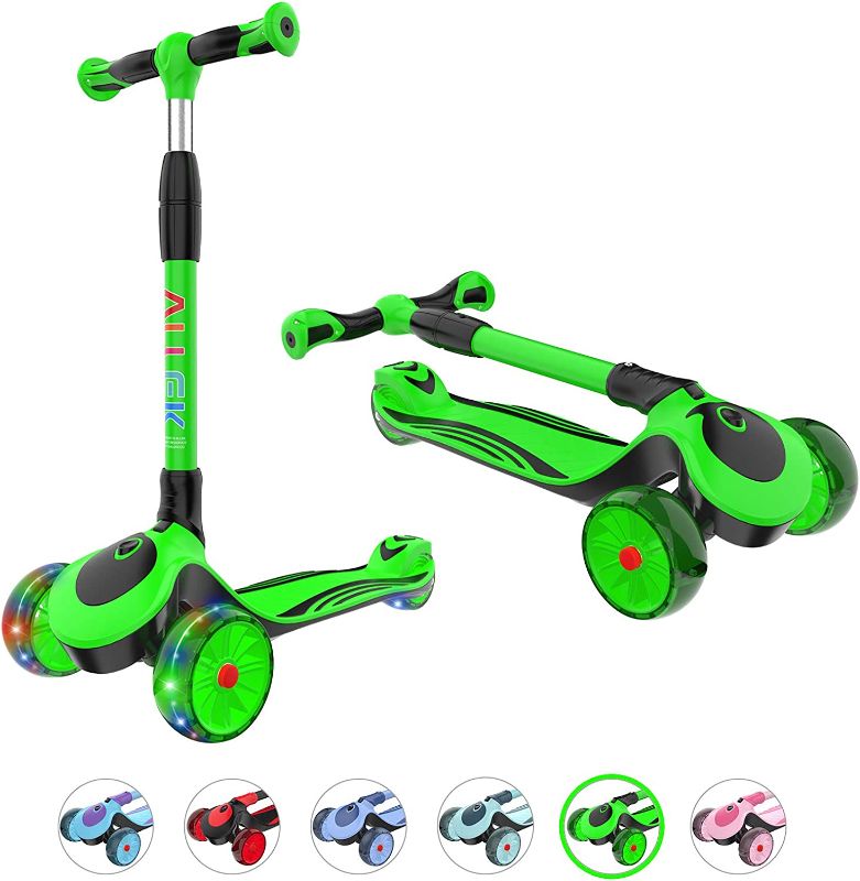 Photo 1 of Allek F01 Folding Kick Scooter for Kids, 3-Wheel LED Flashing Glider Push Scooter with Height Adjustable and Foldable Handlebar, Dual Color Anti-Slip Wide------wheels scuffed up due to usage 