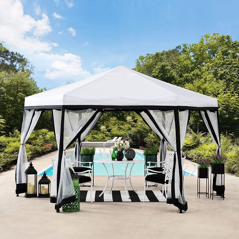 Photo 1 of 
Sunjoy 11x11 ft. Pop Up Gazebo, 2-Tone Portable Canopy/Tent, Outdoor Hexagon Steel Frame Soft Top Gazebo, Mesh Sidewalls and Carry Bagcluded, White & Black
Color:White & Black