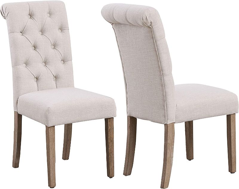 Photo 1 of  High Back Tufted Parsons Upholstered Padded Dining Room Chair Side Wood Accent, Ivory Beige Linen Fabric
