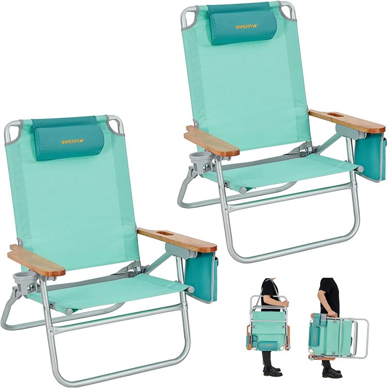 Photo 1 of #WEJOY 2-Pack Oversized 4-Adjustable Beach Chair, Backpack Folding Reclining Beach Chairs for Adult Portable Low Seat Chair with Carry Strap Wooden Armrest for Festival Camping Picnic,300 Lbs
