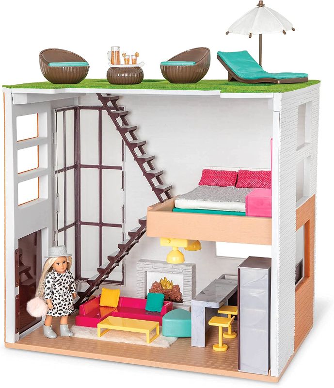 Photo 1 of Lori Dolls – Dollhouse & Accessories for Mini Dolls – Playset with 6-inch Doll – 3 Furniture Sets – Living Room, Kitchen, Bedroom, Outdoor Patio Loft – 3 Years +,Multi Color,LO37071Z
