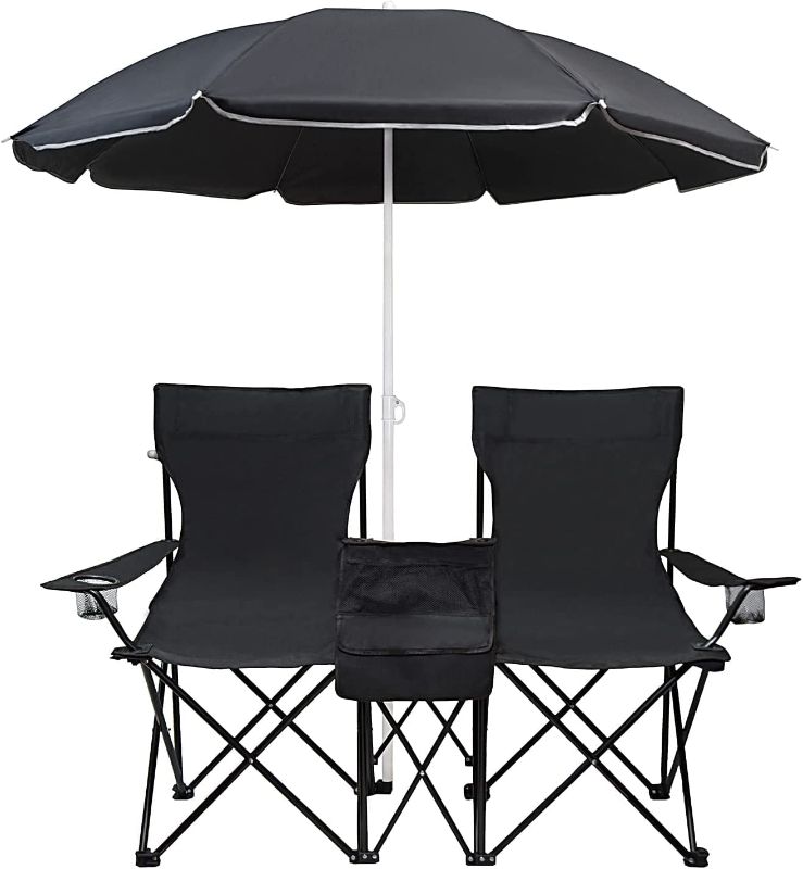Photo 1 of 2 Person Folding Camping Chair with Parasol Portable Lawn Chair Support 256 LBS, 19''x19'' Each seat
