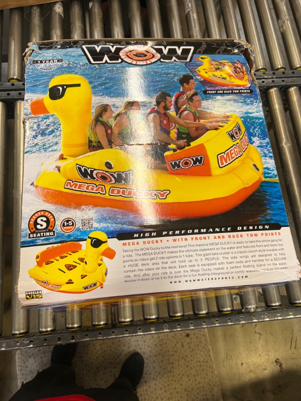 Photo 2 of Wow Watersports Mega Ducky Towable, 1 to 5 Person and Tow Rope Bundle
MINOR BOX DAMAGE. FACTORY SEALED. BOX FACTORY GLUED SHUT AT BOTH ENDS.
UNABLE TO CHECK FOR LEAKS/CUTS.