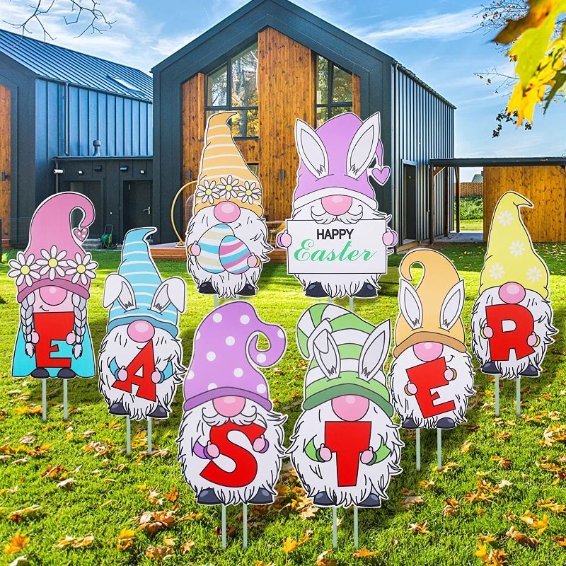 Photo 1 of 8 Pcs Gnome Easter Decorations Clearance Outdoor Happy Bunny Easter Yard Sign Decor With Stakes Large Garden Outside Corrugated Plastic Lawn Signs