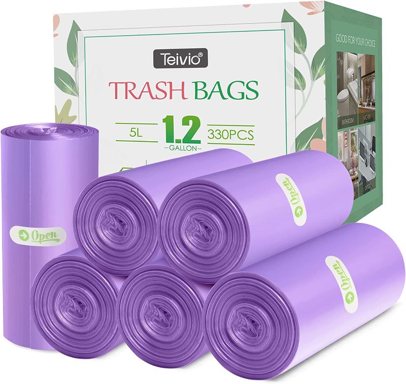 Photo 1 of 330 Counts Strong Trash Bags Garbage Bags by Teivio, Bathroom Trash Can Bin Liners, Small Plastic Bags for home office kitchen (Purple, 1.2 Gallon)
