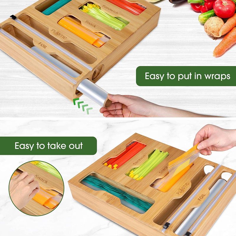 Photo 2 of Ziplock Bag Storage Organizer Bamboo - 6 in 1 Wrap Dispenser with Cutter, Suitable for Gallon, Quart, Sandwich & Snack Bag, Cling Film, Aluminum Foil etc; Compatible with 12" Kitchen Rolls
