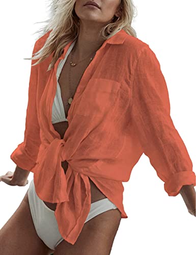 Photo 1 of Bsubseach Women Long Sleeve Beach Shirt Blouses Bathing Suit Cover Up Button Down Collar ONE SIZE G-ORANGE
