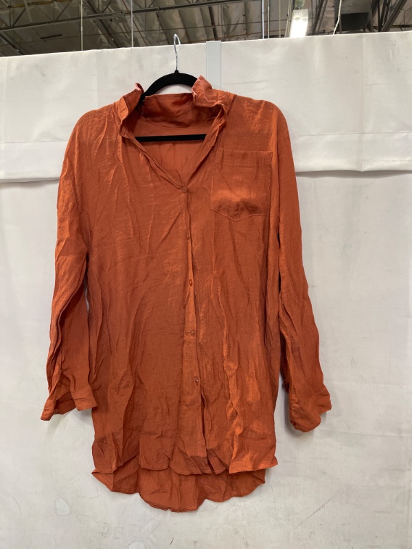 Photo 2 of Bsubseach Women Long Sleeve Beach Shirt Blouses Bathing Suit Cover Up Button Down Collar ONE SIZE G-ORANGE
