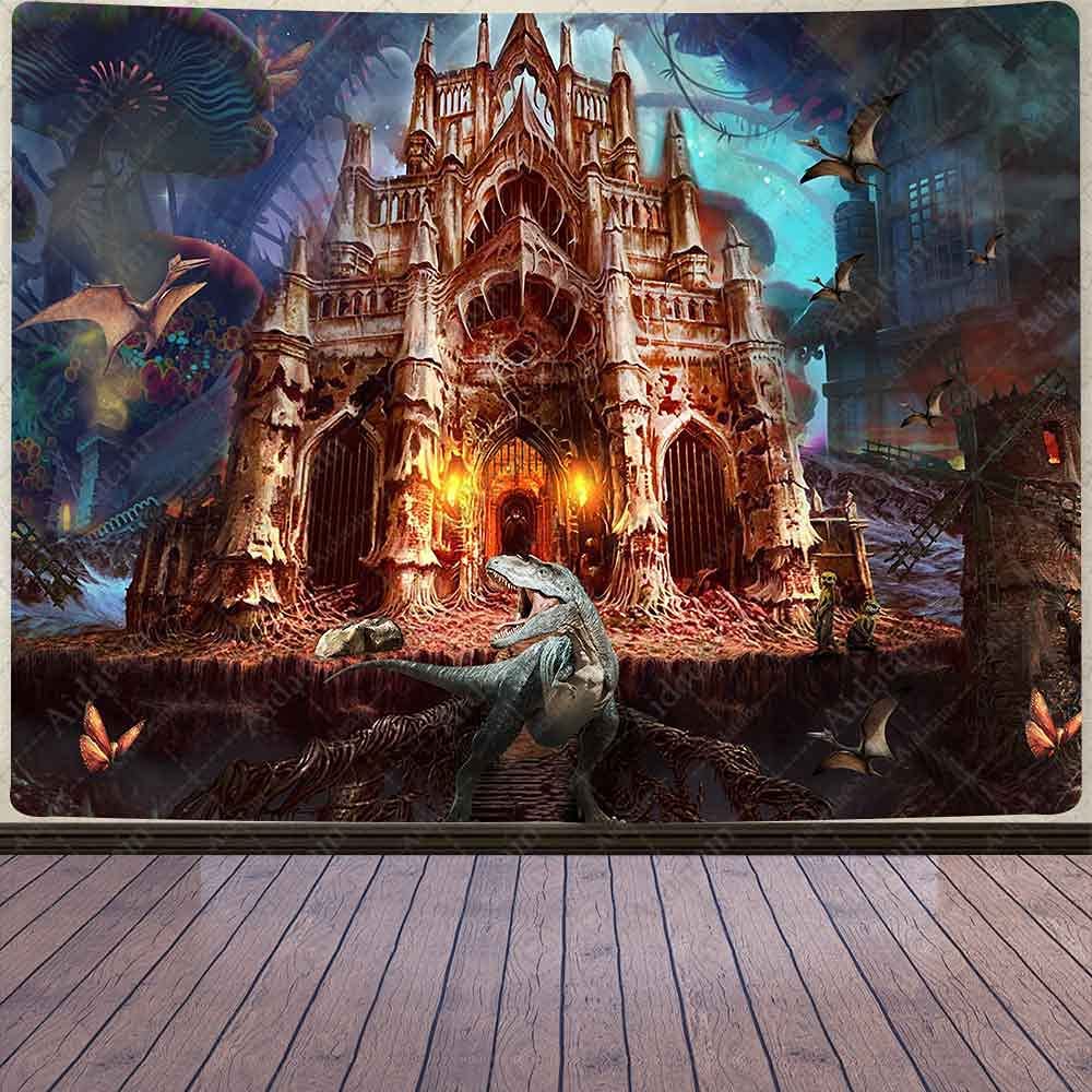 Photo 1 of Aidatain Dragon Castle Tapestry Fantasy Mushroom Forest Plant Tree Wall Hanging Flannel Large Size 80"60" Tapestries for Bedroom Livingroom Dorm Room Halloween Decor GTCCAT4
