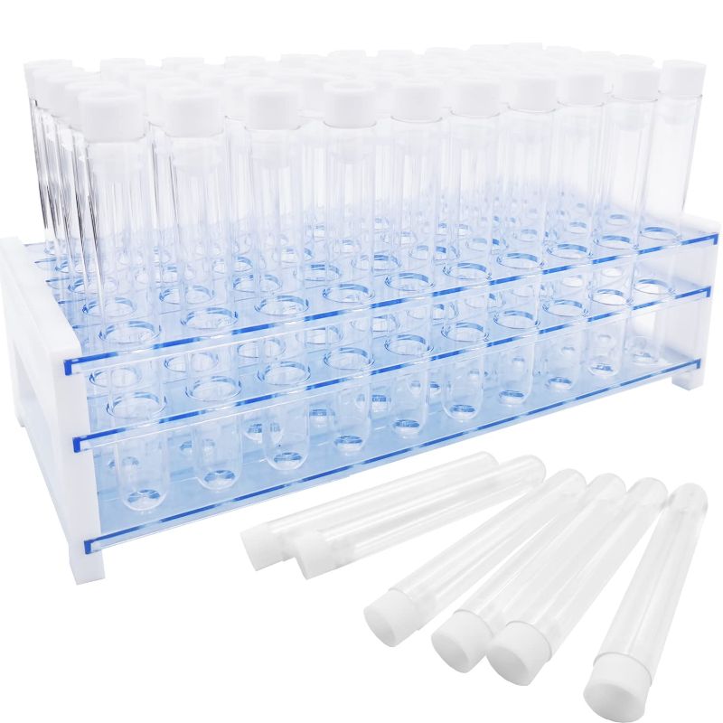 Photo 1 of 50Pcs Clear Plastic Test Tubes with Rack,16 x 100mm Test Tube with White Caps and 50 Holes Tubes Rack,Test Tube Set for Scientific Experiments,Party,Gumball Candy,Beads,Bath Salt