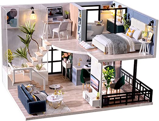 Photo 1 of  Miniature Dollhouse Kit with Furniture, 1:24 Scale Creative Room Mini Wooden Doll House Accessories Plus Dust Proof & Music Movement for Kids Teens Adults(Satisfied Time)