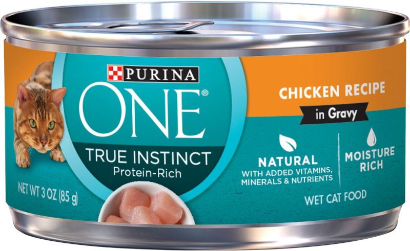 Photo 1 of (24 Pack) Purina ONE True Instinct Natural, High Protein Wet Cat Food, Chicken Recipe in gravy, 3 oz. Pull-Top Cans (sealed EXP MAY 2024) 