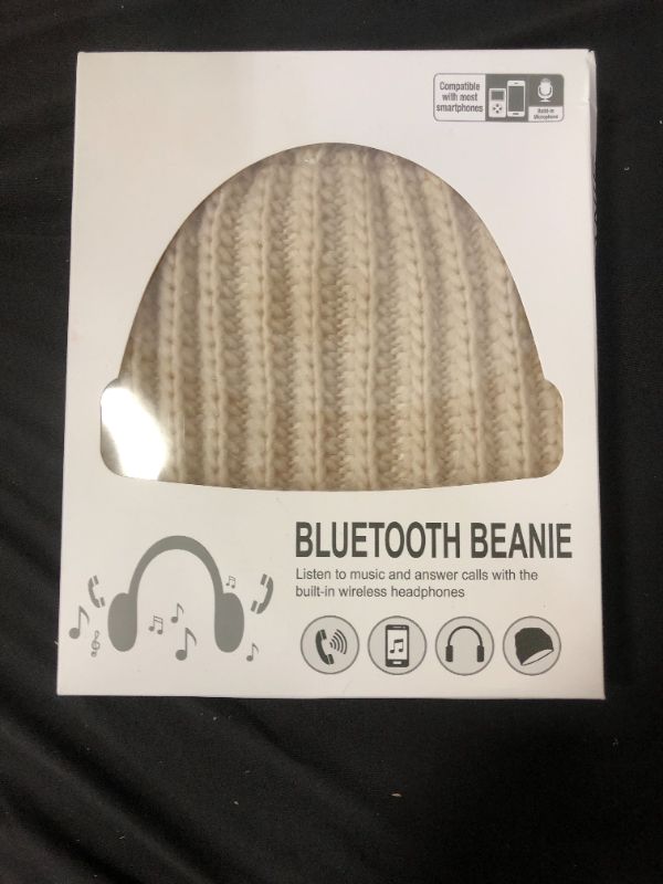 Photo 3 of Beanie Hat Compatible with Bluetooth Headphone Ponytail Warm Beanies for Women Built-in Microphone (Oatmeal)