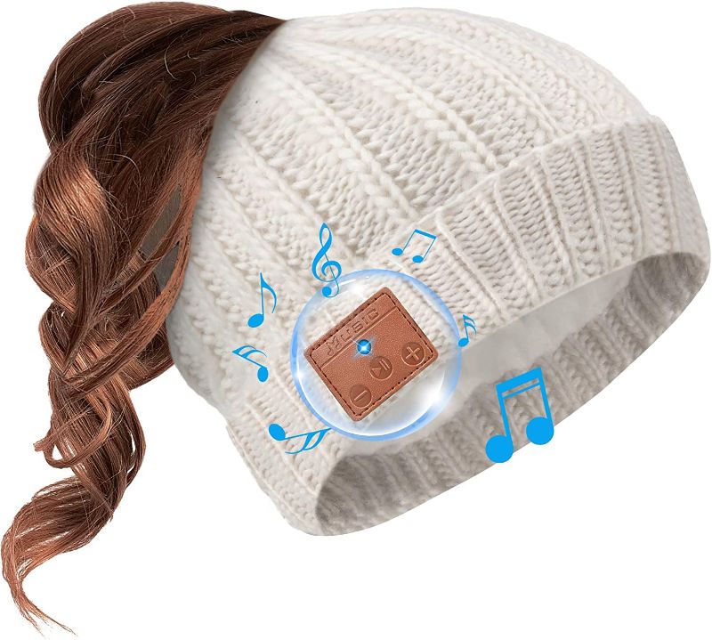 Photo 1 of Beanie Hat Compatible with Bluetooth Headphone Ponytail Warm Beanies for Women Built-in Microphone (Oatmeal)