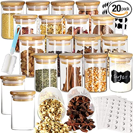 Photo 1 of 20 PCS Spice Jars with Bamboo Lids, 4OZ Glass Spice Jars with Airtight Bamboo Lids and Labels, Clear Food Storage Containers for Pantry Kitchen Tea Herbs Sugar Salt Coffee