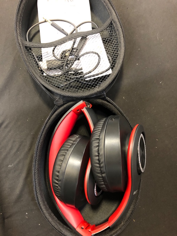 Photo 2 of Bluetooth Headphones Wireless, pollini 40H Playtime Foldable Over Ear Headphones with Microphone, Deep Bass Stereo Headset with Soft Earmuffs for iPhone/Android Cell Phone/PC (Black-Red)