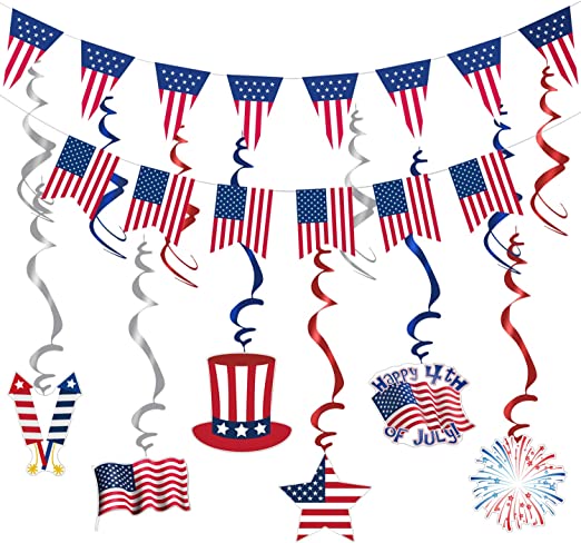 Photo 1 of 4th of July Decorations Kit, Pre-Assembled Swallowtail Flag Banner, American Pennant Banner, Patriotic Hanging Swirl Independence Day Memorial Day Veterans Day Ceiling Decor Supplies