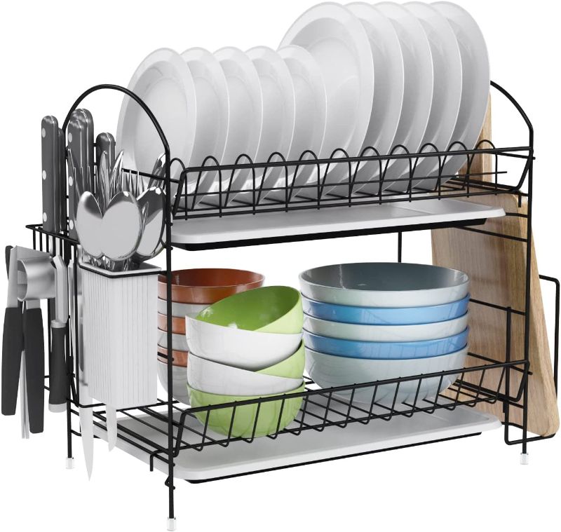 Photo 1 of 2 Tier Dish Drying Rack , Rust-Resistant Dish Drying Rack with drainboard , Dish Drainer with Utensil Holder , Cup Holder , Cutting Board Holder , Excellent Addition for Small Kitchens , BLACK