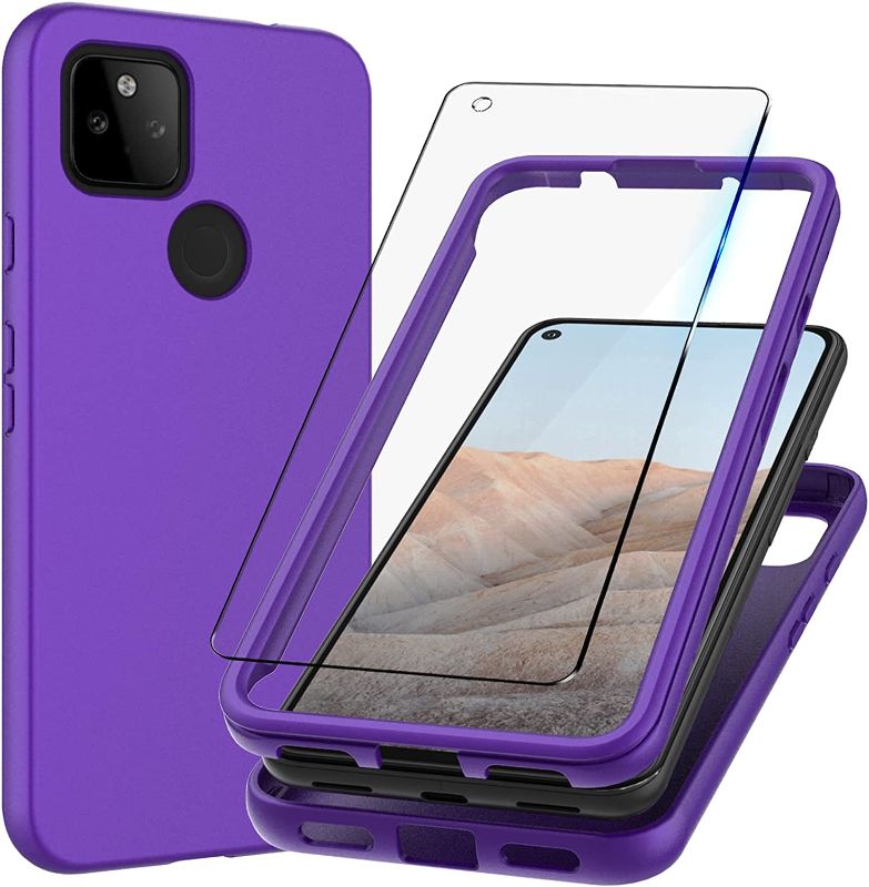 Photo 1 of MMY Case for Google Pixel 5a 5G Case + Tempered Glass Screen Protector [ Rugged PC Front Frame + Soft TPU Back Cover ] Skin Feel Protective Defender Case - Purple

