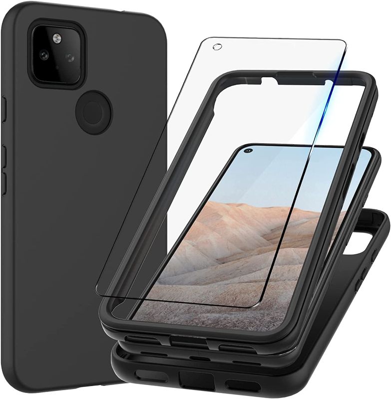 Photo 1 of MMY Case for Google Pixel 5a 5G Case + Tempered Glass Screen Protector [ Rugged PC Front Frame + Soft TPU Back Cover ] Skin Feel Protective Defender Case - Black
